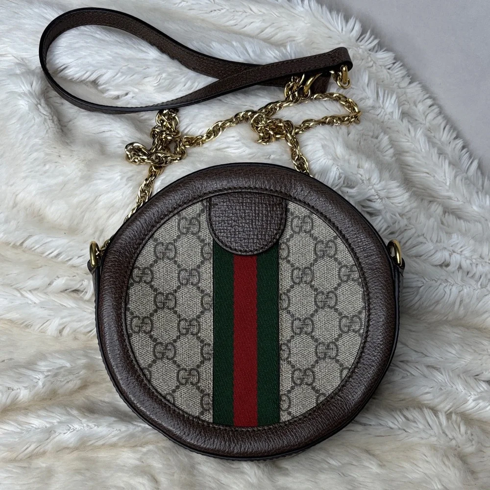 Gucci Brown GG Supreme Round Crossbody with Green-Red Web - Picture 6 of 12